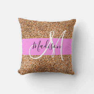 Chic Pink & Pumpkin Glitter Sparkles Monogram Name Cushion