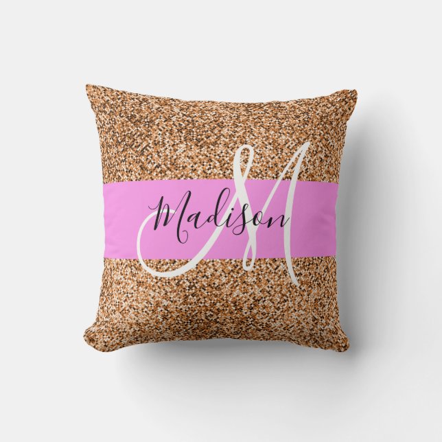 Chic Pink & Pumpkin Glitter Sparkles Monogram Name Cushion (Front)