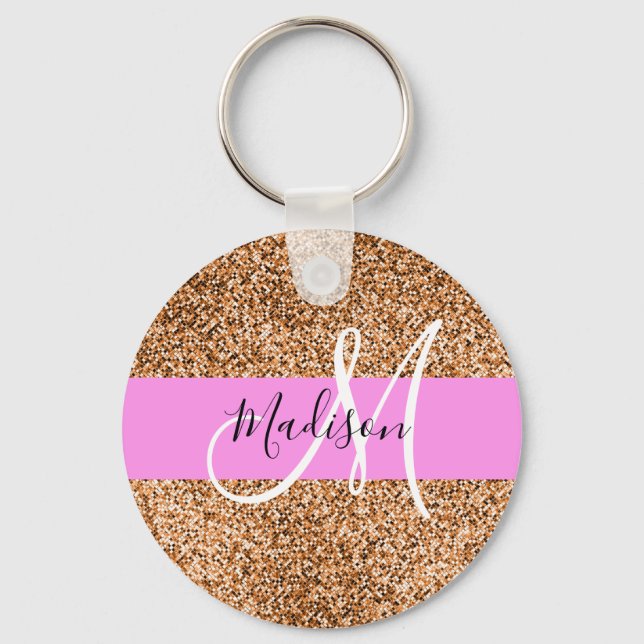 Chic Pink & Pumpkin Glitter Sparkles Monogram Name Key Ring (Front)