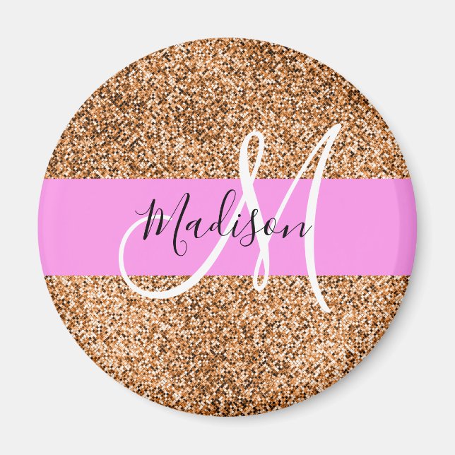 Chic Pink & Pumpkin Glitter Sparkles Monogram Name Magnet (Front)