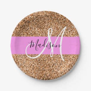 Chic Pink & Pumpkin Glitter Sparkles Monogram Name Paper Plate