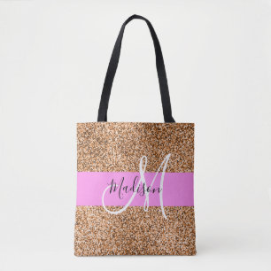 Chic Pink & Pumpkin Glitter Sparkles Monogram Name Tote Bag