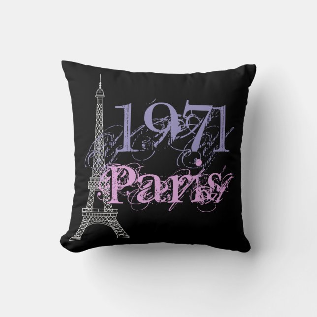 Chic Pink Purple Eiffel Tower Birth Year Cushion (Front)