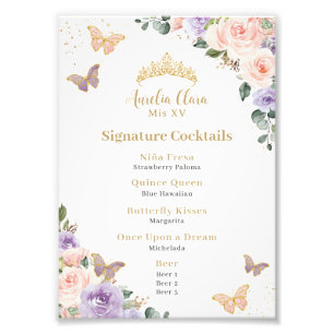Chic Pink Purple Floral Quinceanera Bar Drink Menu Photo Print