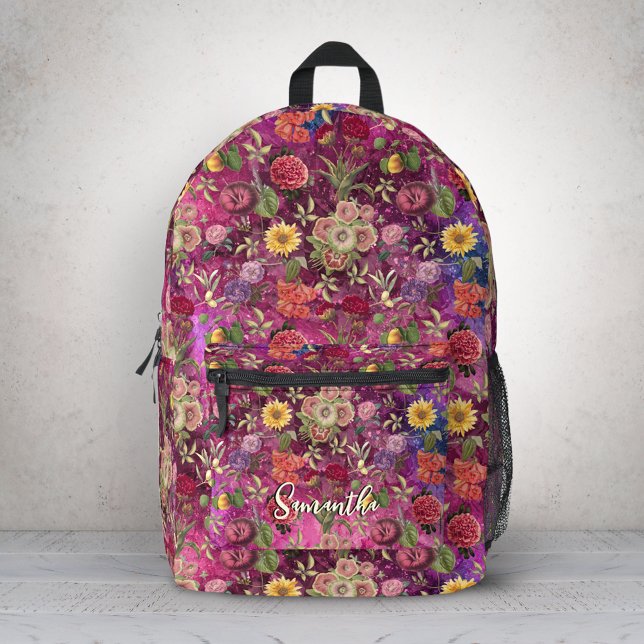 Chic pink purple flowers monogram floral printed backpack (Creator Uploaded)