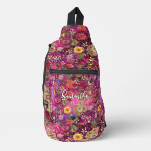 Chic pink purple flowers monogram floral sling bag