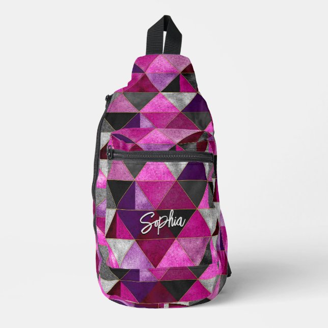Chic pink purple grey geometric sling bag (Front)