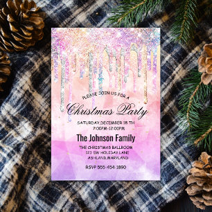 Chic pink purple unicorn drips glitter Christmas Invitation