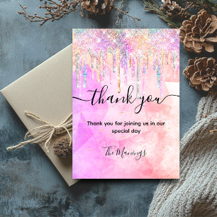Chic pink purple unicorn drips glitter thank you  card