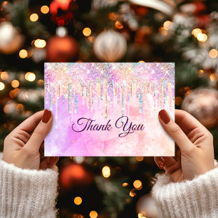 Chic pink purple unicorn drips glitter thank you card