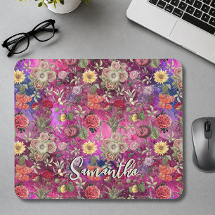 Chic Pink Purple Watercolor Botanical Monogram Mouse Pad