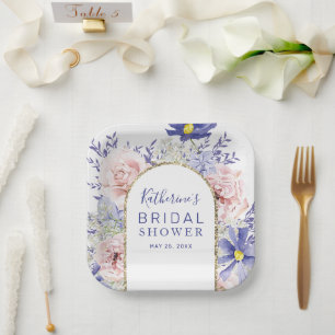 Chic Pink Purple Watercolor Floral Bridal Shower Paper Plate