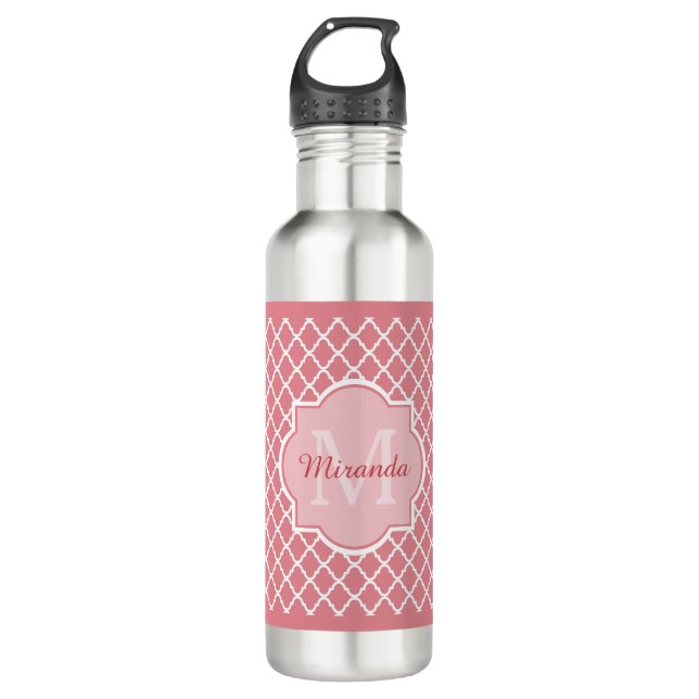 Chic Pink Quatrefoil Monogram With Name 710 Ml Water Bottle (Front)