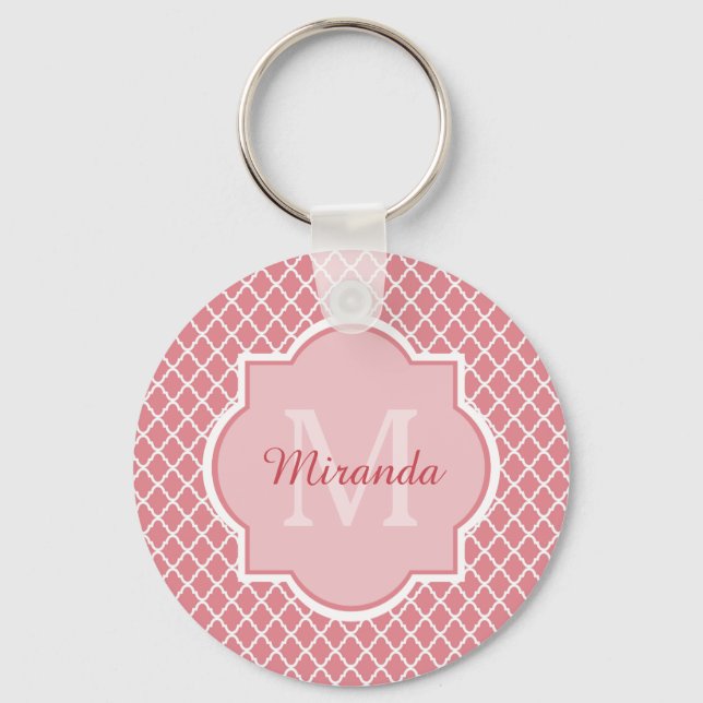 Chic Pink Quatrefoil Monogram With Name Key Ring (Front)