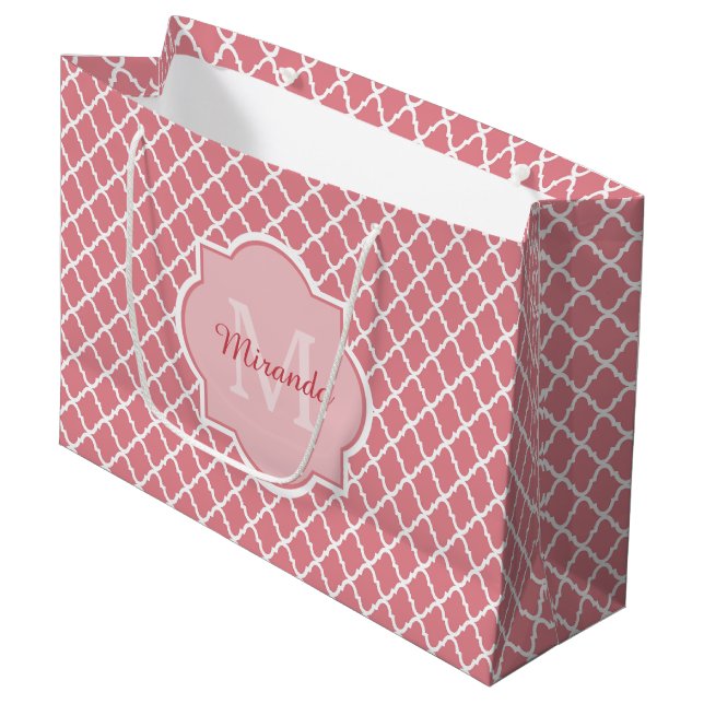 Chic Pink Quatrefoil Monogram With Name Large Gift Bag (Front Angled)