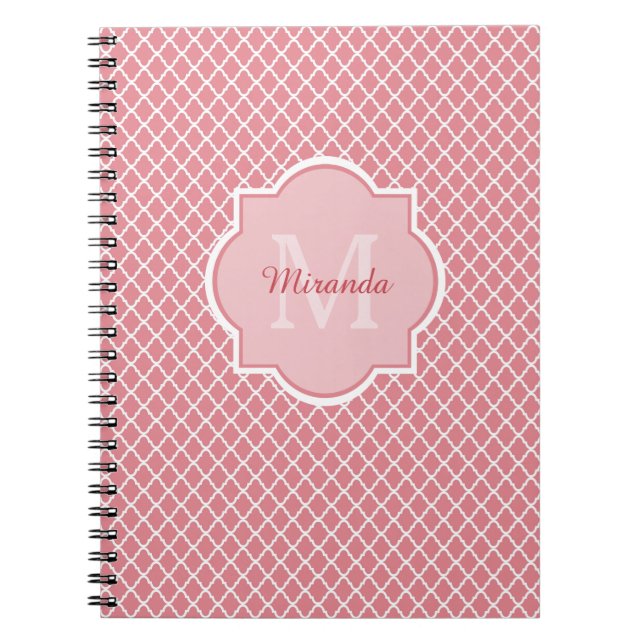 Chic Pink Quatrefoil Monogram With Name Notebook (Front)
