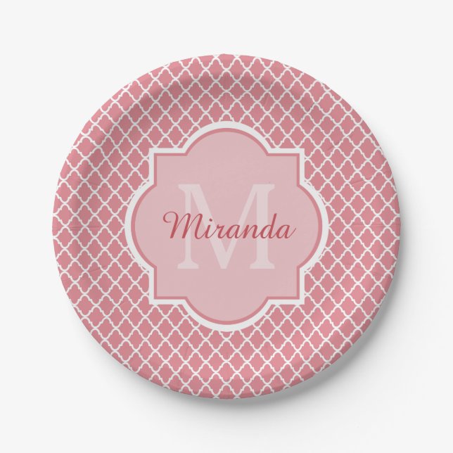 Chic Pink Quatrefoil Monogram With Name Paper Plate (Front)