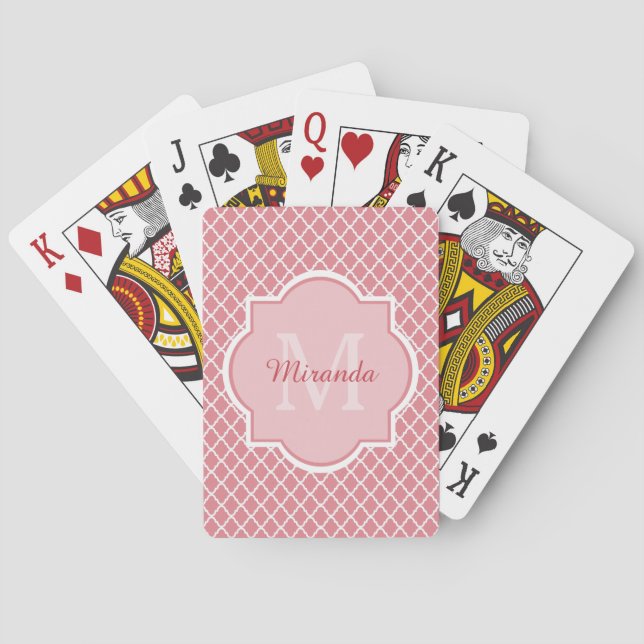 Chic Pink Quatrefoil Monogram With Name Playing Cards (Back)