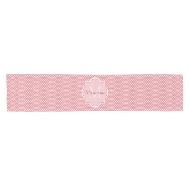 Chic Pink Quatrefoil Monogram With Name Short Table Runner (Horizontal)