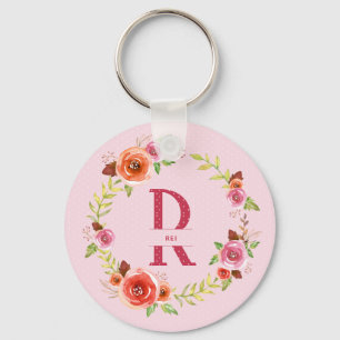 Chic Pink, Red and Orange Watercolor Floral Wreath Key Ring