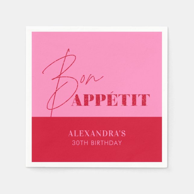 Chic Pink Red Bon Appétit Script Birthday Napkin (Front)