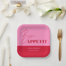 Chic Pink Red Bon Appétit Script Birthday Paper