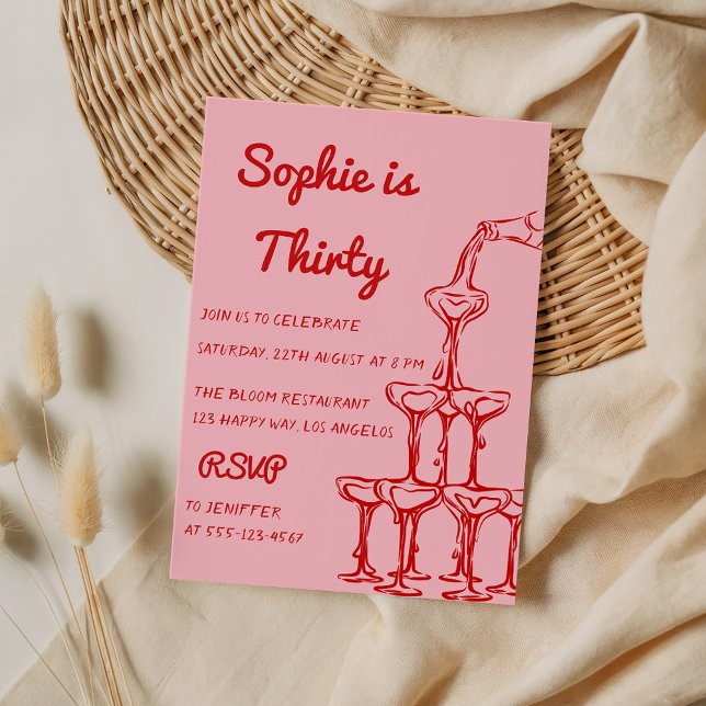 Chic Pink & Red Champagne Tower 30th Birthday Invitation (Creator Uploaded)