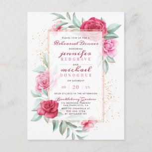 Chic Pink & Red Chic Roses Floral Rehearsal Dinner Invitation Postcard