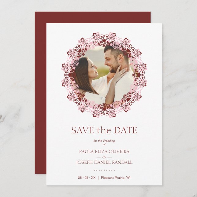 Chic Pink & Red Flourish Lace Effect Photo Couple Save The Date (Front/Back)