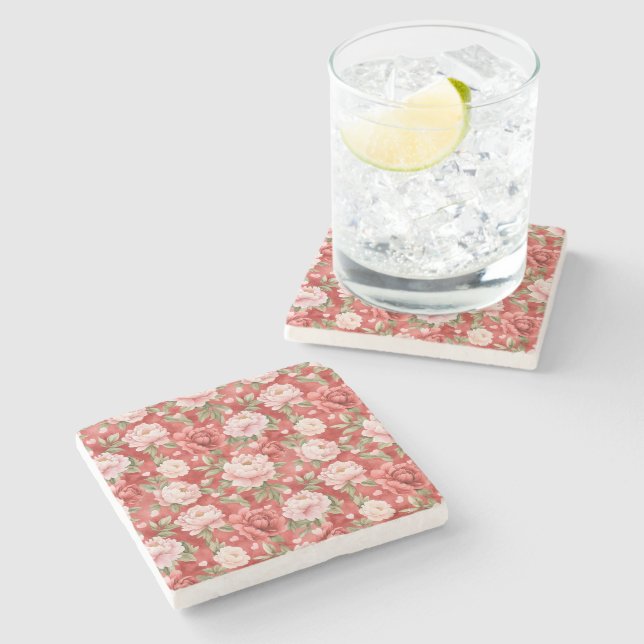 Chic Pink Red Flowers Stone Coaster (Side)