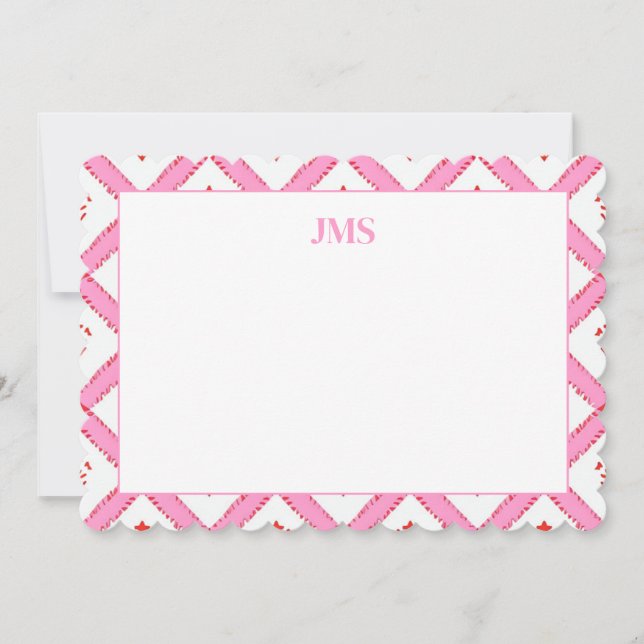 Chic Pink & Red Pattern Monogram Stationary Card (Front)