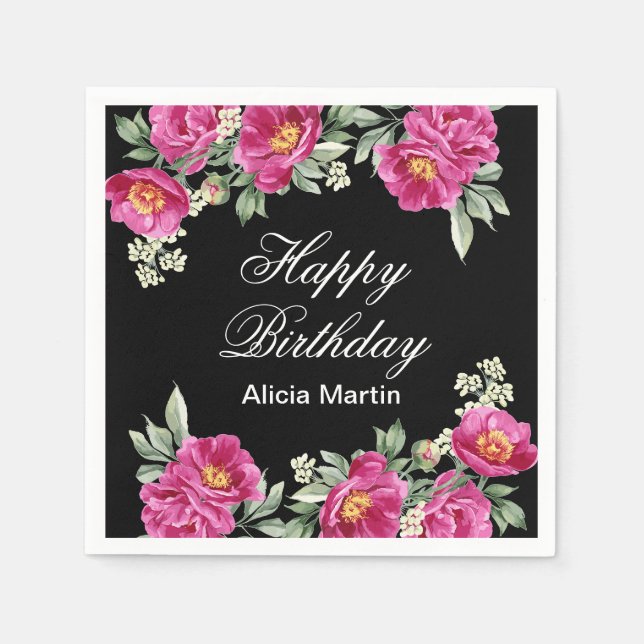 Chic Pink Red Violet Peony Floral Black Birthday  Napkin (Front)