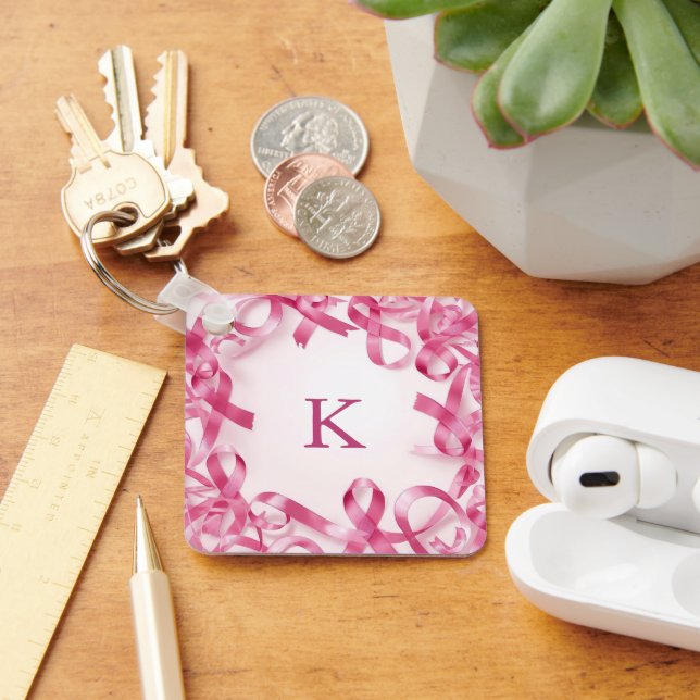 Chic Pink Ribbon Awareness Frame Monogrammed Key Ring (Desk)