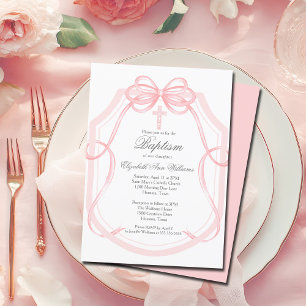 Chic Pink Ribbon Bow Baby Girl Baptism Invitation