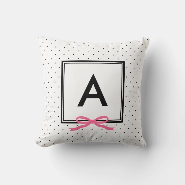 Chic Pink Ribbon Polka Dot Pattern Monogram Cushion (Front)
