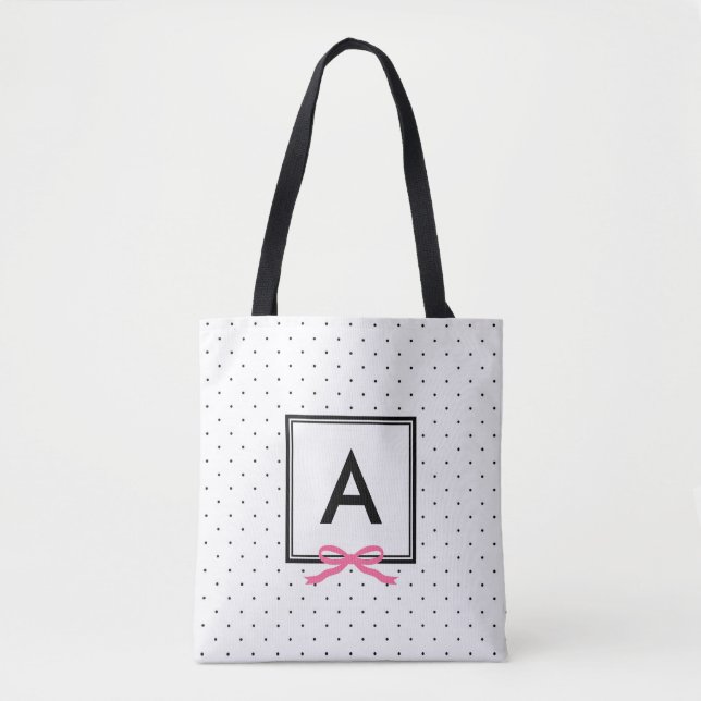 Chic Pink Ribbon Polka Dot Pattern Monogram Tote Bag (Front)