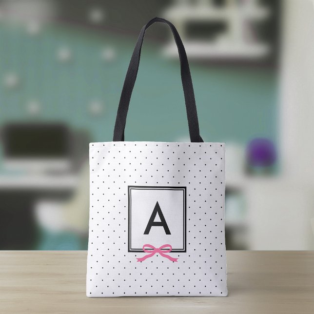 Chic Pink Ribbon Polka Dot Pattern Monogram Tote Bag (Creator Uploaded)