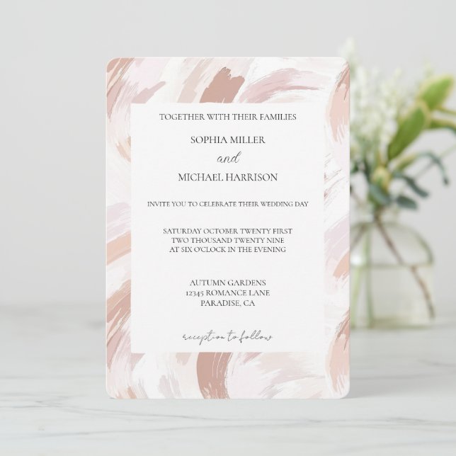 Chic Pink Rose Abstract Wedding Invitation (Standing Front)