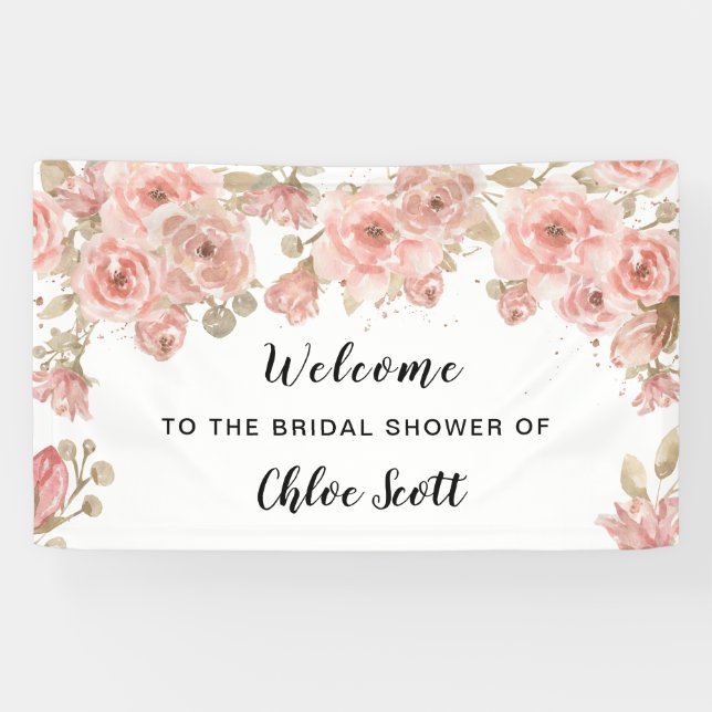 Chic Pink Rose Floral Bridal Shower Welcome Banner (Horizontal)