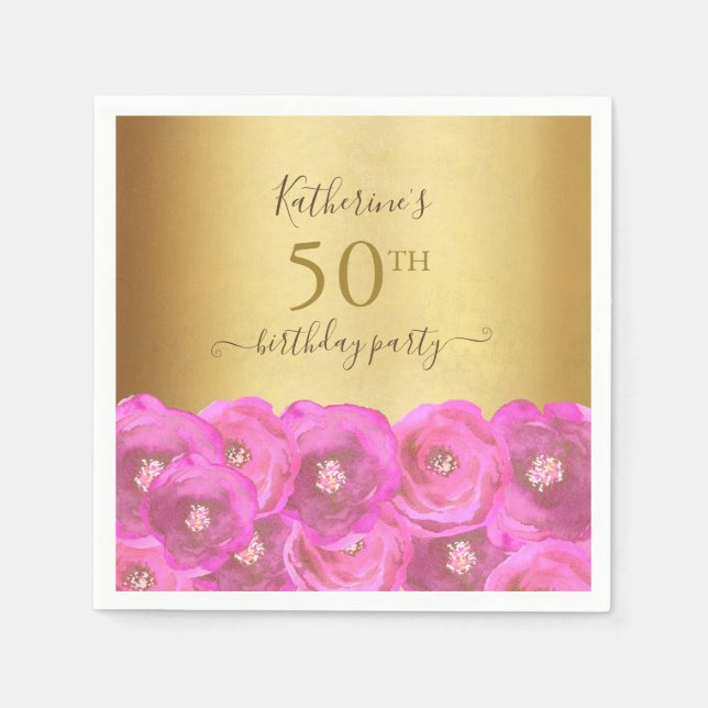 Chic Pink Rose Floral Gold 50th Birthday Party Napkin (Front)