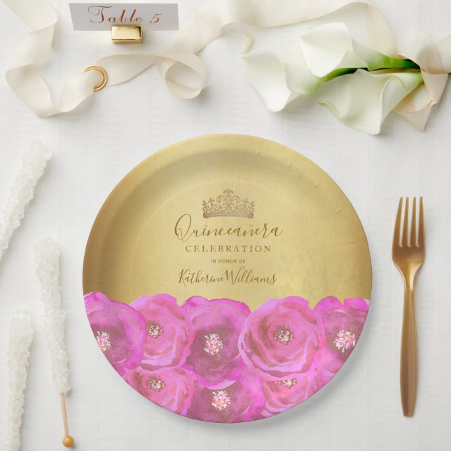 Chic Pink Rose Floral Gold Crown Quinceañera Paper Plate (Wedding)