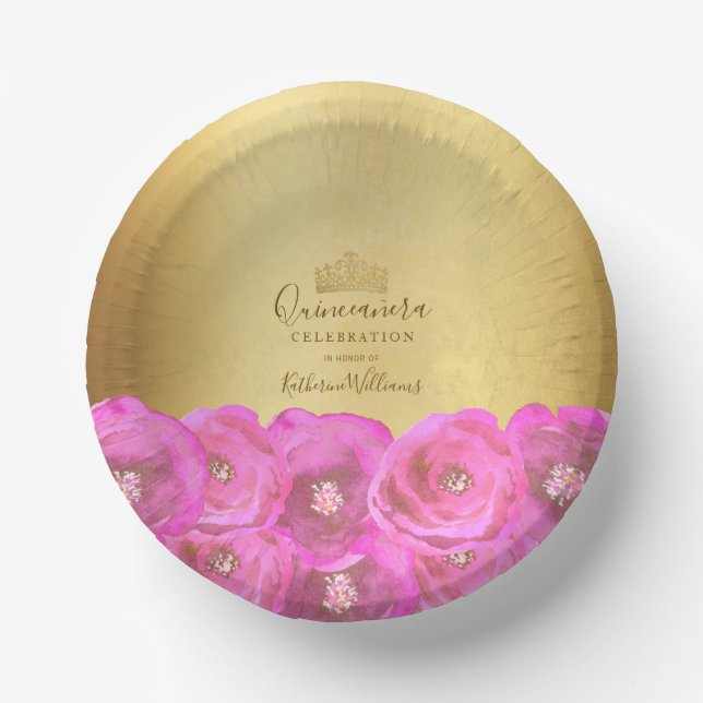 Chic Pink Rose Floral Gold Crown Quinceañera Paper Plate (Front)