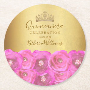 Chic Pink Rose Floral Gold Crown Quinceañera Round Paper Coaster