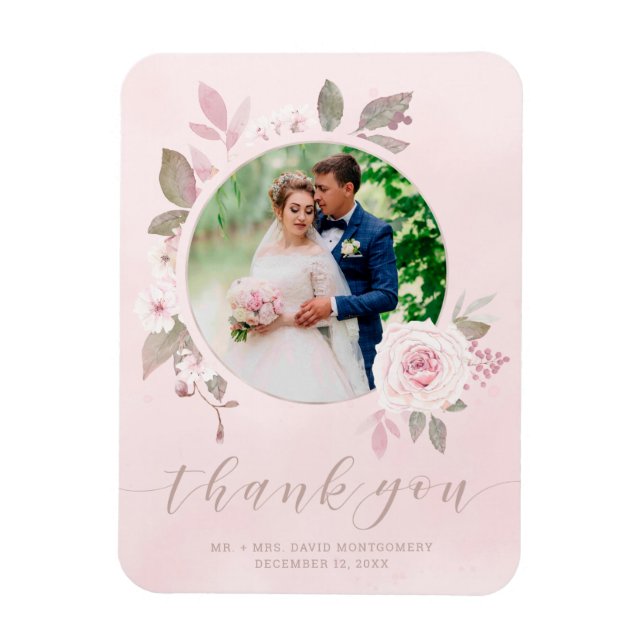 Chic Pink Rose Floral Wedding Photo Thank You Magnet (Vertical)