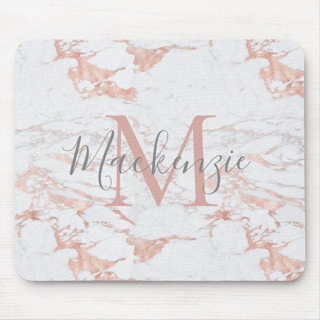Chic Pink Rose Gold Foil Marble Monogram Mouse Pad (Front)