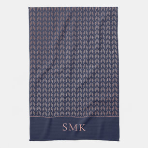 Chic Pink Rose Gold Foil Navy Blue Boho Geometric Tea Towel