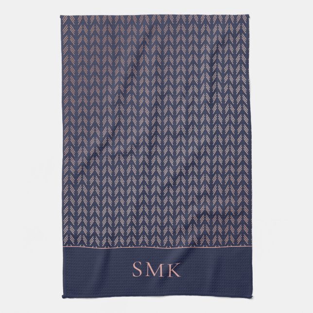 Chic Pink Rose Gold Foil Navy Blue Boho Geometric Tea Towel (Vertical)