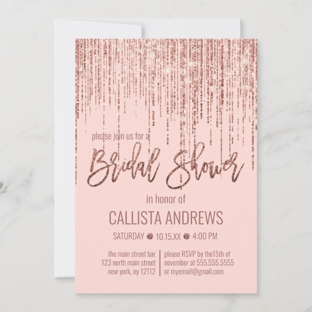 Chic Pink Rose Gold Glitter Fringe Bridal Shower Invitation (Front)
