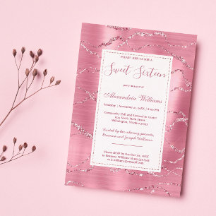 Chic pink rose gold glitter marble Sweet 16 Invitation