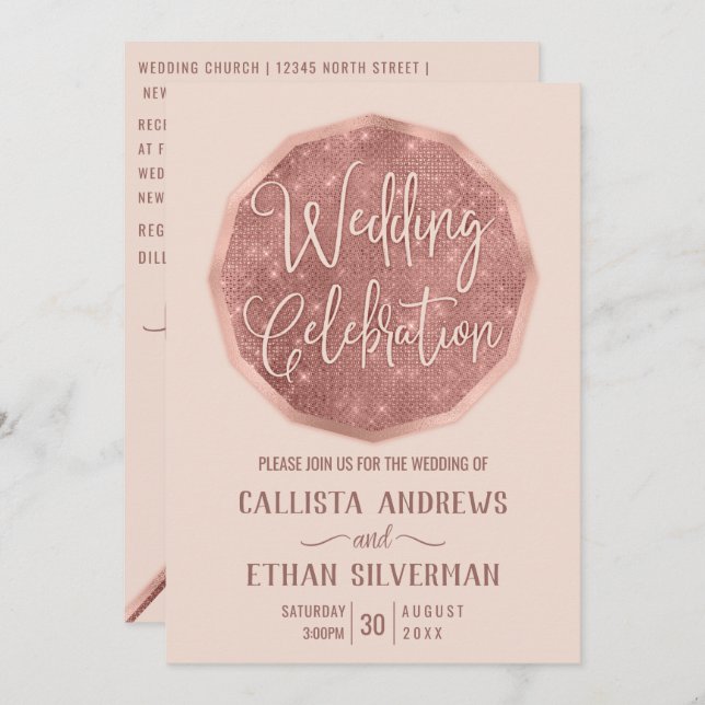Chic Pink Rose Gold Glitter Polygon Geo Wedding Invitation (Front/Back)